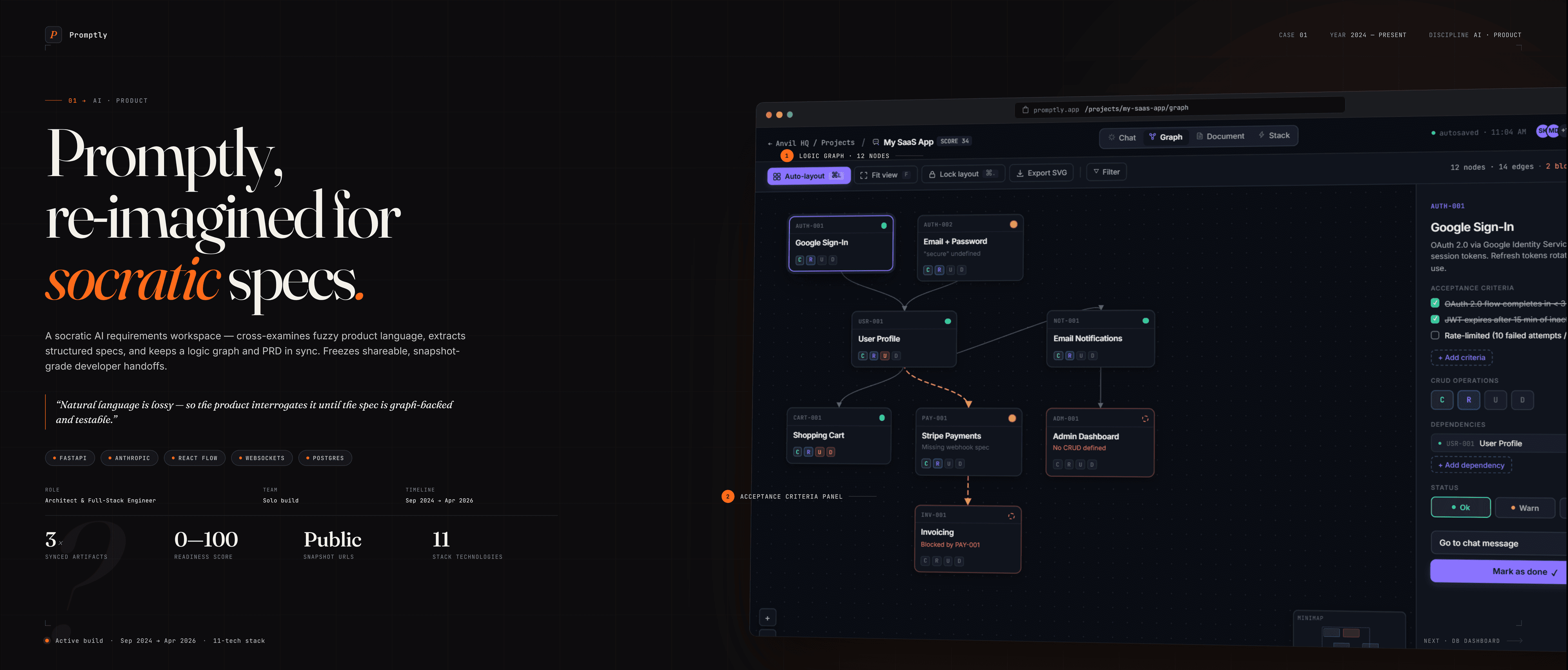 PROMPTLY SOCRATIC SPECS — Socratic AI requirements workspace built on FastAPI and Anthropic Claude. Cross-examines fuzzy product language, extracts structured specs, keeps a logic graph and PRD in sync, and freezes shareable developer handoffs — not another generic AI writer.