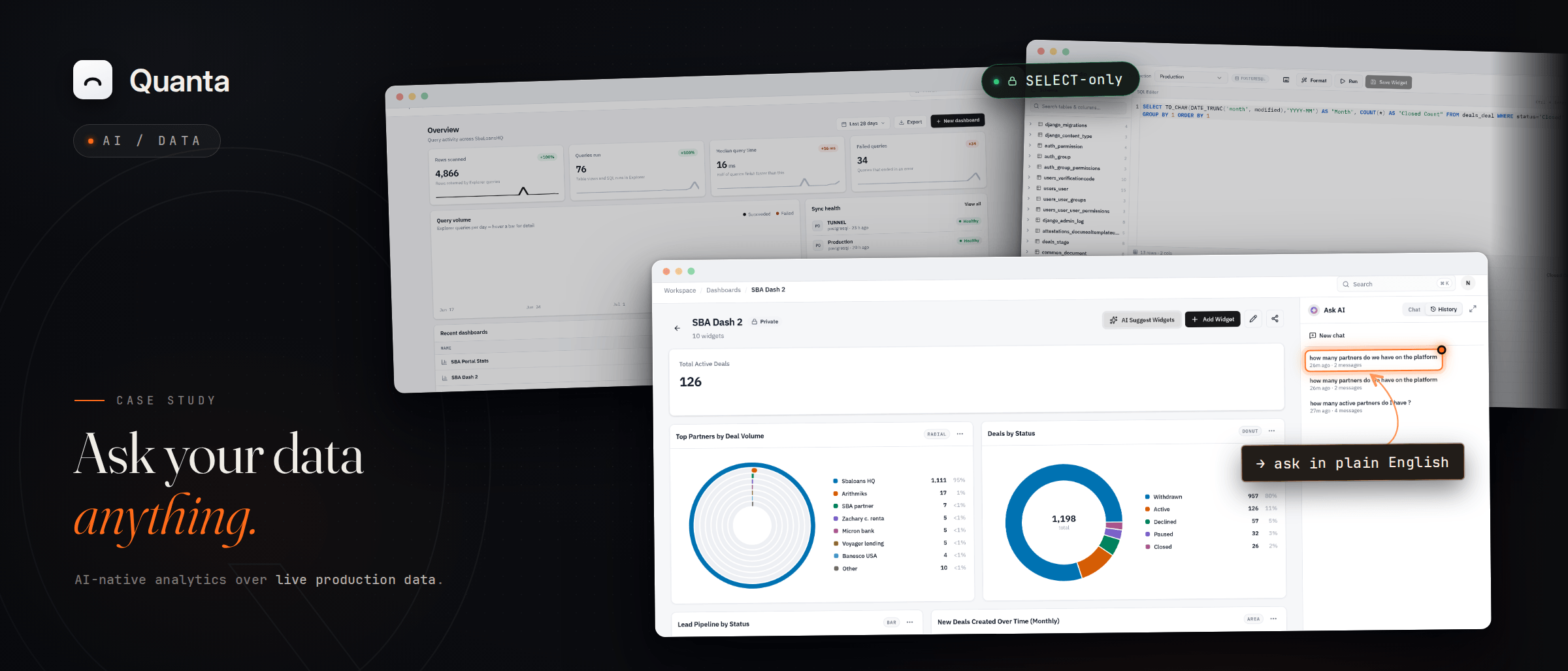 QUANTA AI DASHBOARD — Self-hosted AI business intelligence in one command. A six-stage natural-language-to-SQL pipeline across four LLM providers — with SELECT-only safety gating, SSH bastion tunneling, AES-256-GCM credential vaulting, and end-to-end AI trace observability.